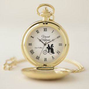 Lovely Bicycle Wedding Name & Date Roman Numerals Pocket Watch