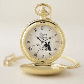 Lovely Bicycle Wedding Name & Date Roman Numerals Pocket Watch
