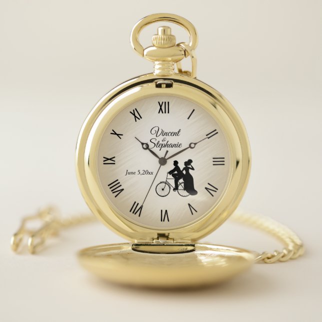 Lovely Bicycle Wedding Name & Date Roman Numerals Pocket Watch (Inside)
