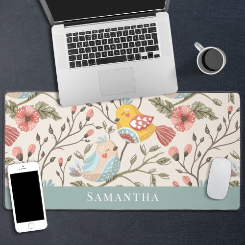 Lovely birds floral with name desk mat