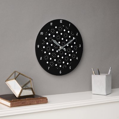 Lovely Black and White Dots and Daisy Design Large Large Clock