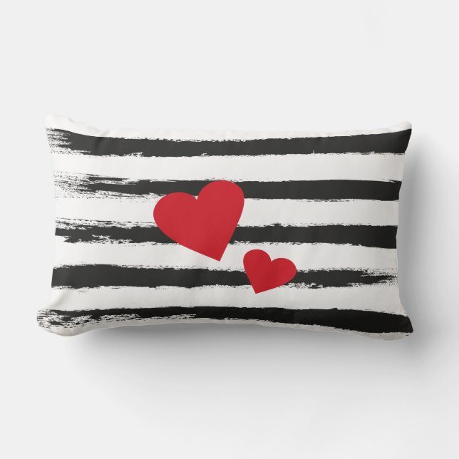 Lovely BLACK Brushstroke STRIPES with 2 Red Hearts Lumbar Pillow (Front)