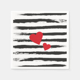 Lovely BLACK Brushstroke STRIPES with 2 Red Hearts Paper Napkins