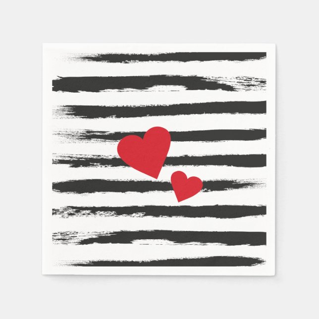 Lovely BLACK Brushstroke STRIPES with 2 Red Hearts Paper Napkins (Front)