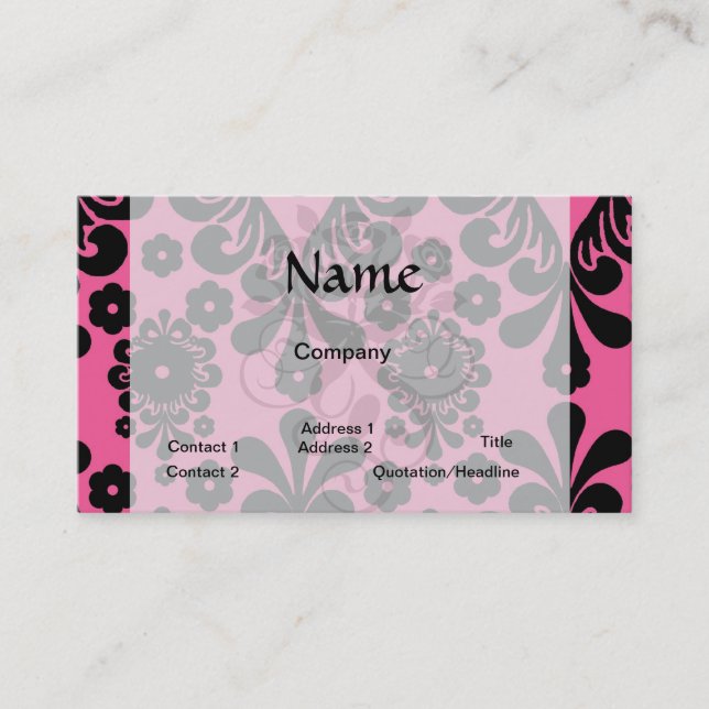 lovely black damask on bright pink chic business card (Front)