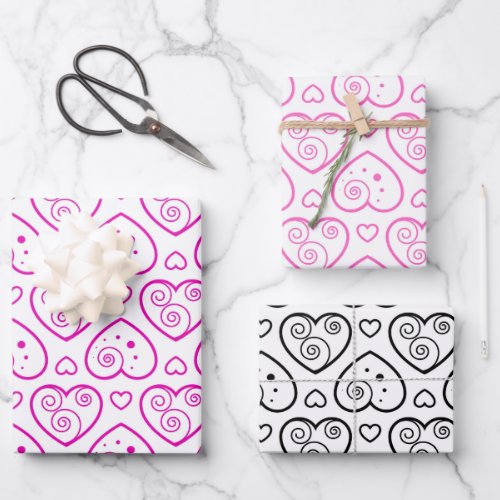 Lovely Black  Pink Hearts Wrapping Paper Sheets