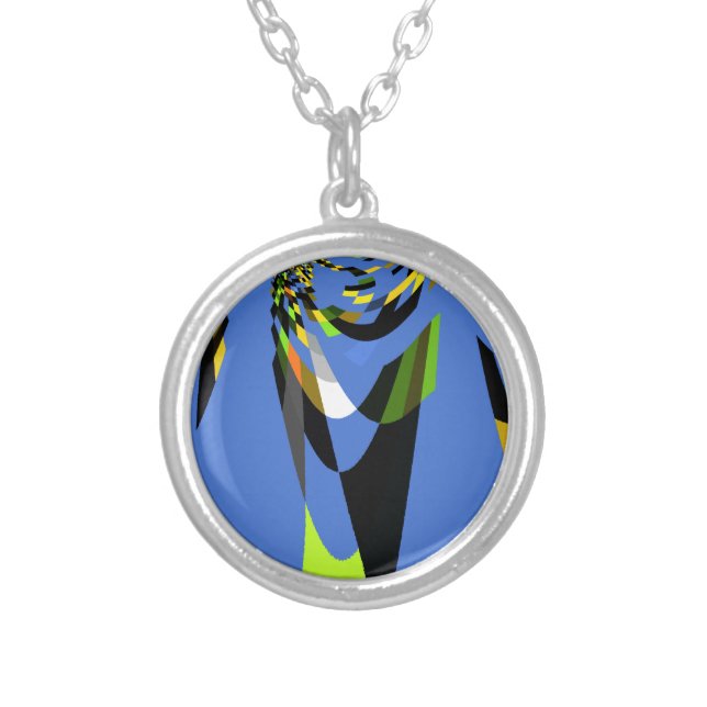 Lovely Blue African Tribal Motif Pattern Art Print Silver Plated Necklace (Front)