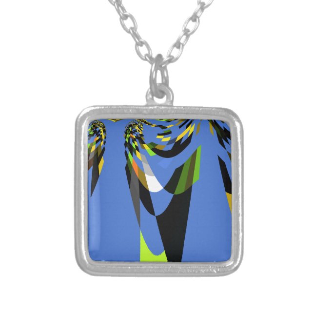 Lovely Blue African Tribal Motif Pattern Art Print Silver Plated Necklace (Front)