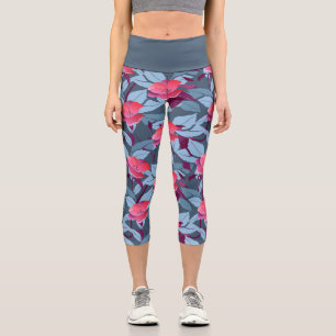 Lovely Blue and Pink Botanical Floral Capri Leggings