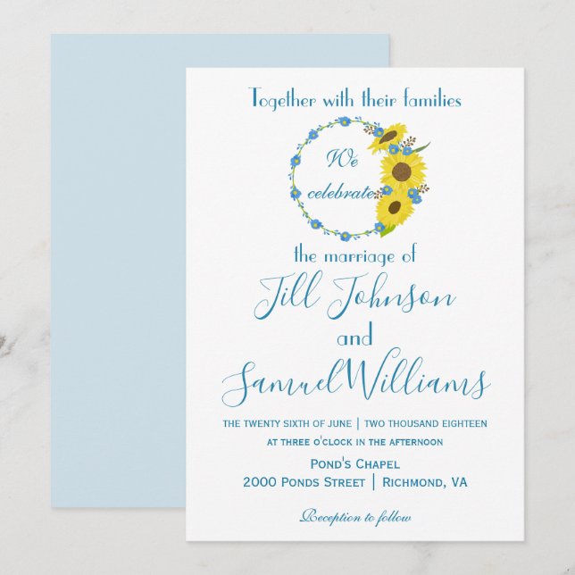 Lovely blue and white sunflower floral wedding invitation (Front/Back)