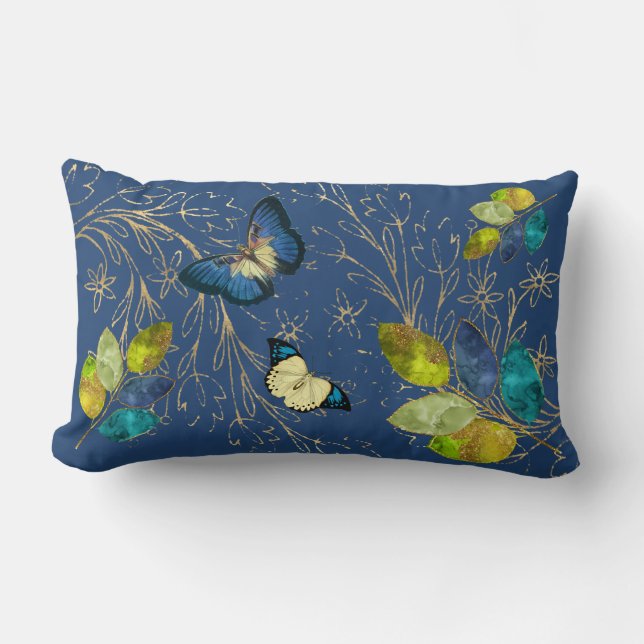 Lovely Blue Butterflies And Leaves Lumbar Pillow (Front)