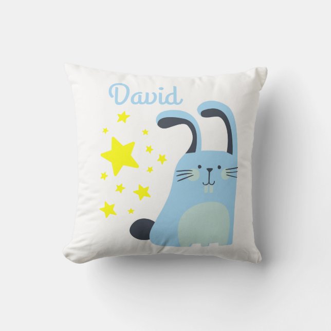 Lovely blue cartoon bunny baby boy with name throw pillow (Front)