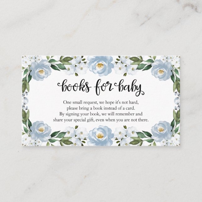 Lovely Blue Floral Baby Shower Books For Baby  Enclosure Card (Front)