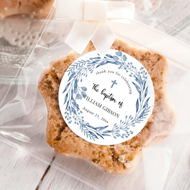 Lovely Blue Florals Baptism Classic Round Sticker (Creator Uploaded)