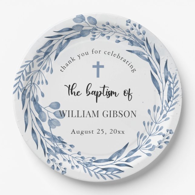 Lovely Blue Florals Baptism  Paper Plates (Front)