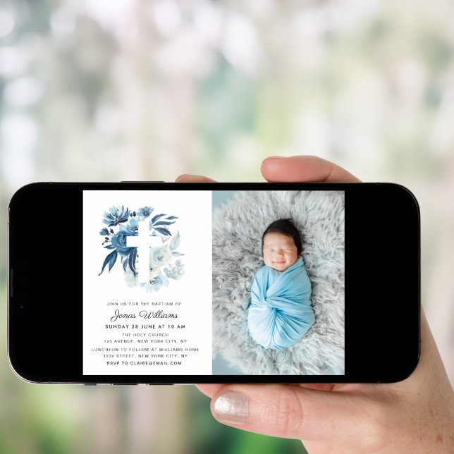 lovely blue florals Baptism photo invitation (Front Digital)