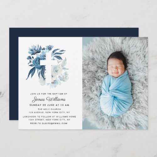 lovely blue florals Baptism photo invitation