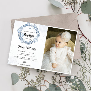 Lovely Blue Florals Baptism Photo Invitation