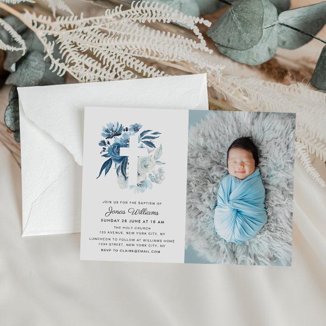 lovely blue florals Baptism photo invitation (Creator Uploaded)