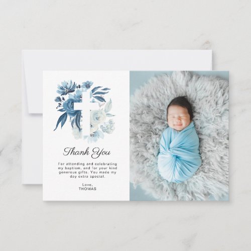 lovely blue florals baptism photo thank you card