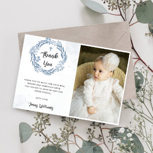 Lovely Blue Florals Baptism Photo Thank You Card