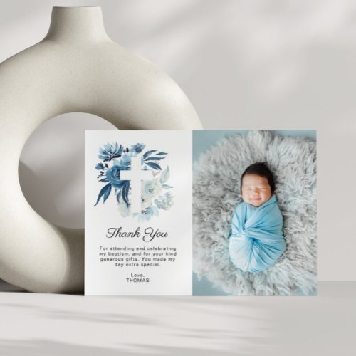 lovely blue florals baptism photo thank you card