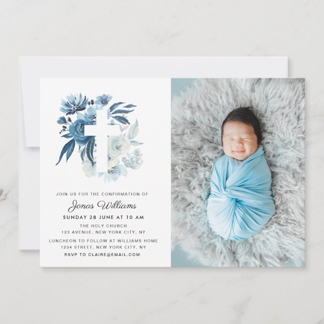 lovely blue florals confirmation invitation (Front)