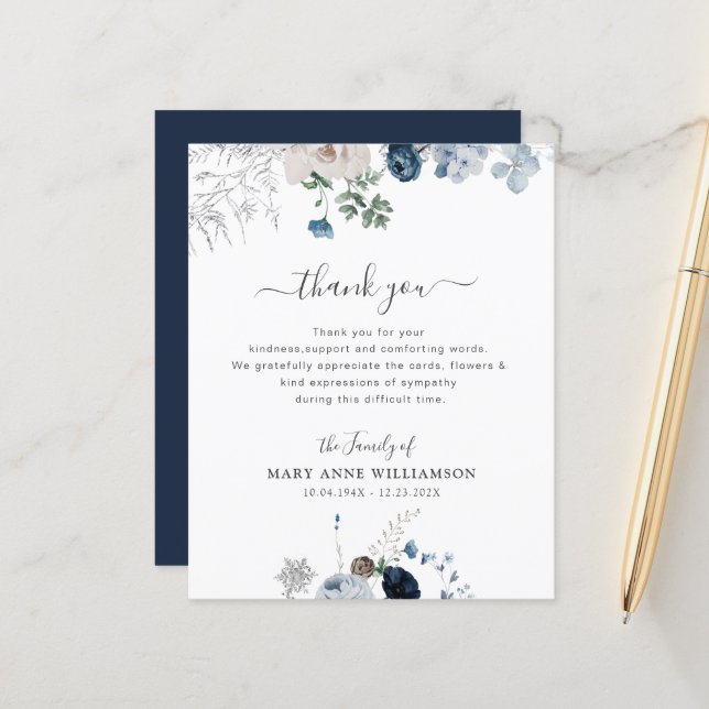 lovely blue florals funeral thank you note (Front/Back In Situ)