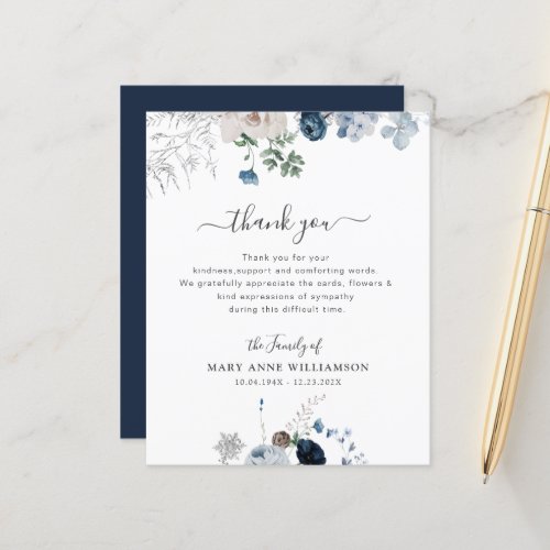 lovely blue florals funeral thank you note