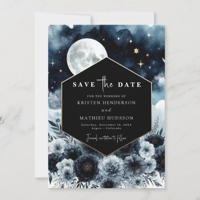 Lovely Blue Moonlit Wedding Save The Date (Front)