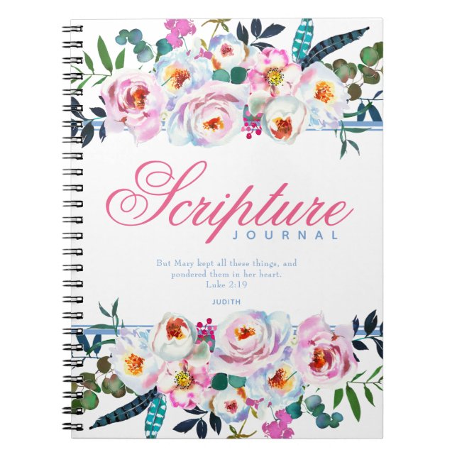 Lovely Blue Pink Floral Named Scripture Journal (Front)