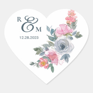 Lovely Blue Sage Pink Watercolor Floral Monogram Heart Sticker