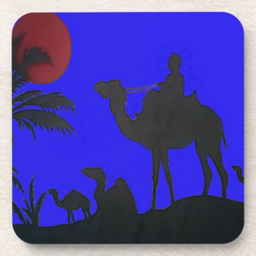 Lovely Blue Sky Sunset Camel Safari Silhouette Beverage Coaster