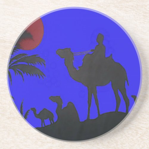 Lovely Blue Sky Sunset Camel Safari Silhouette Drink Coaster
