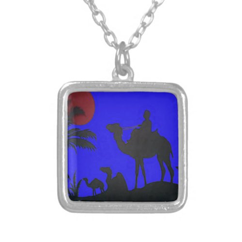 Lovely Blue Sky Sunset Camel Safari Silhouette Silver Plated Necklace