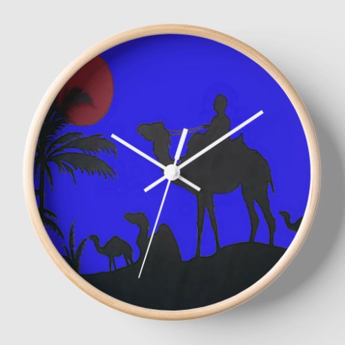 Lovely Blue Sky Sunset Camel Safari Silhouette Wall Clock