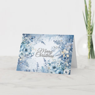 Lovely Blue Watercolor Floral Merry Christmas Card