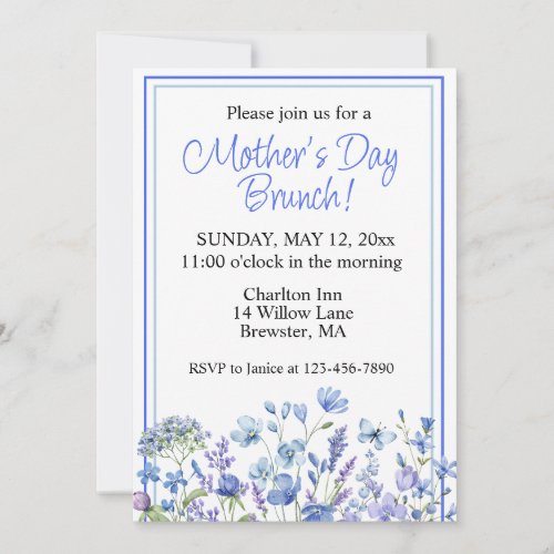 Lovely Blue Watercolor Floral Mothers Day Brunch  Invitation