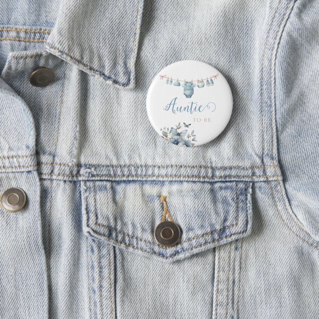 Lovely Blue Whimsical Baby Clothes Auntie Badge Button (In Situ)