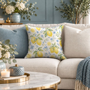 Lovely Blue Wildflowers and Lemons Throw Pillow