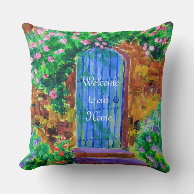 Lovely Blue Wooden Door to Secret Rose Garden Throw Pillow (Front)