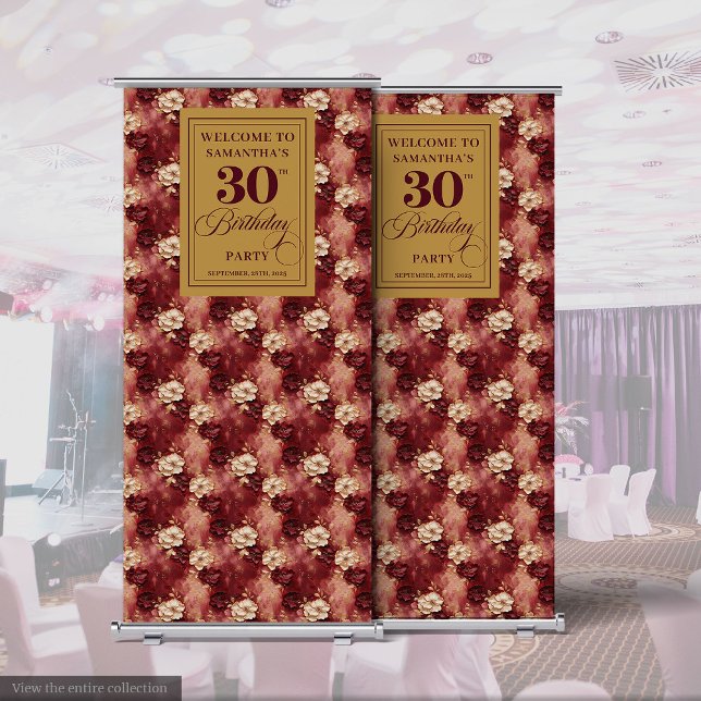 Lovely Blush Burgundy Gold 30th Birthday Roll  Retractable Banner (Lovely Blush Burgundy Gold 30th Birthday Roll Retractable Banner )