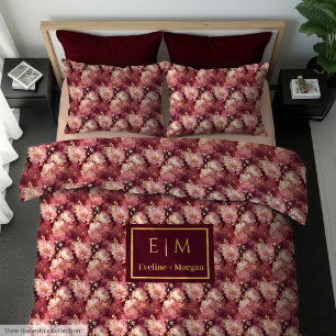 Lovely Blush Burgundy Gold Watercolor Boho Duvet Cover
