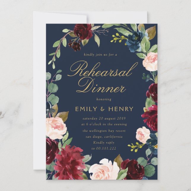 lovely blush & burgundy navy rehearsal dinner invitation (Front)