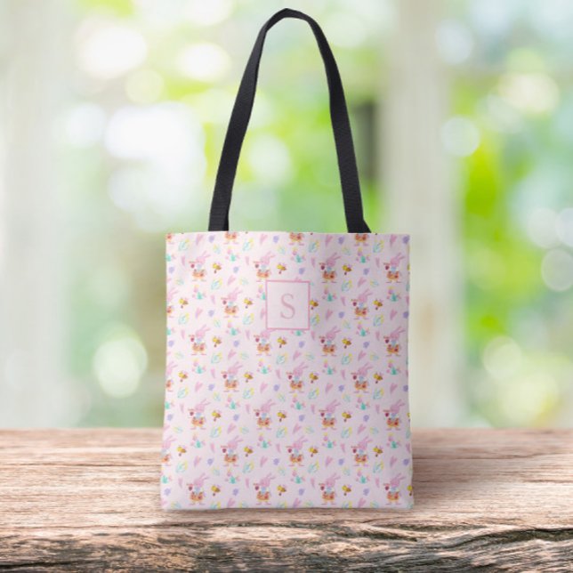 lovely blush pink bunny garden pattern Monogram  Tote Bag (Creator Uploaded)