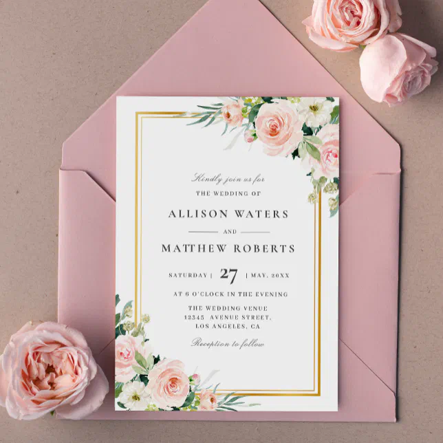 lovely blush pink floral frame wedding invitation | Zazzle