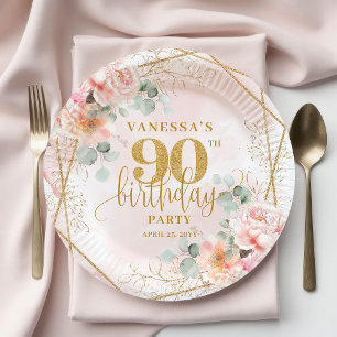 Lovely Blush Pink Gold Watercolor 90th Birthday Paper Plates
