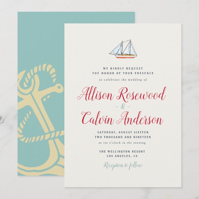 Lovely boat nautical wedding invitation (Front/Back)