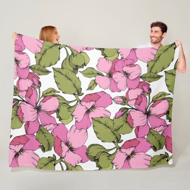 Lovely boho botanical floral pattern pink green fleece blanket (In Situ)