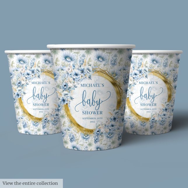 Lovely boho dusty blue flowers gold personalized paper cups (Lovely boho dusty blue flowers gold personalized Paper Cups)